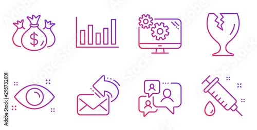 Support chat, Column chart and Check investment line icons set. Share mail, Health eye and Fragile package signs. Settings, Medical syringe symbols. Comment bubble, Financial graph. Vector