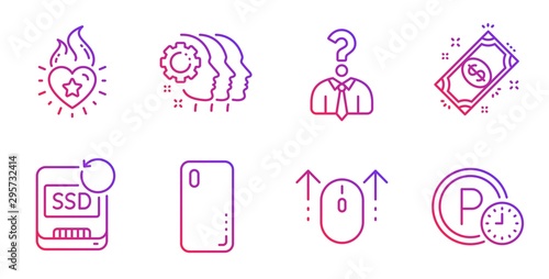 Hiring employees, Heart flame and Payment line icons set. Recovery ssd, Swipe up and Employees teamwork signs. Smartphone cover, Parking time symbols. Human resources, Love fire. Vector