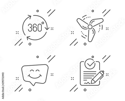 Wind energy, Smile chat and 360 degree line icons set. Rfp sign. Ventilator, Happy face, Virtual reality. Request for proposal. Technology set. Line wind energy outline icon. Vector