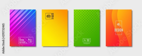 Cogwheel settings, Eco energy and Cleanser spray line icons set. Cover design, poster template. Technical documentation sign. Engineering tool, Lightbulb, Washing liquid. Manual. Business set. Vector