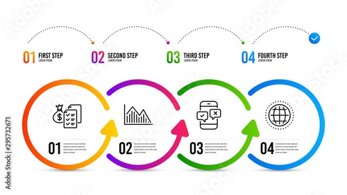 Globe sign. Infographics timeline. Accounting wealth, Phone survey and Investment graph line icons set. Audit report, Mobile quiz test, Investment infochart. Internet world. Education set. Vector