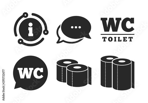 Gents and ladies room signs. Chat, info sign. Toilet paper icons. Paper towel or kitchen roll. Speech bubble symbol. Classic style speech bubble icon. Vector