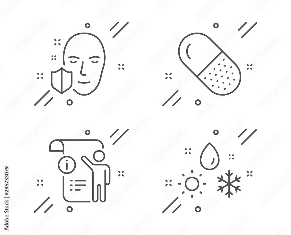 Fototapeta premium Face protection, Manual doc and Capsule pill line icons set. Weather sign. Secure access, Project info, Medicine drugs. Climate. Science set. Line face protection outline icon. Vector