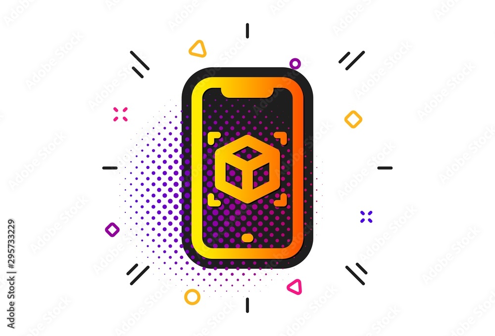 VR simulation sign. Halftone circles pattern. Augmented reality phone icon. 3d cube symbol. Classic flat augmented reality icon. Vector VR simulation sign. Halftone circles pattern. Augmented reality phone icon. 3d cube symbol. Classic flat augmented reality icon. Vector