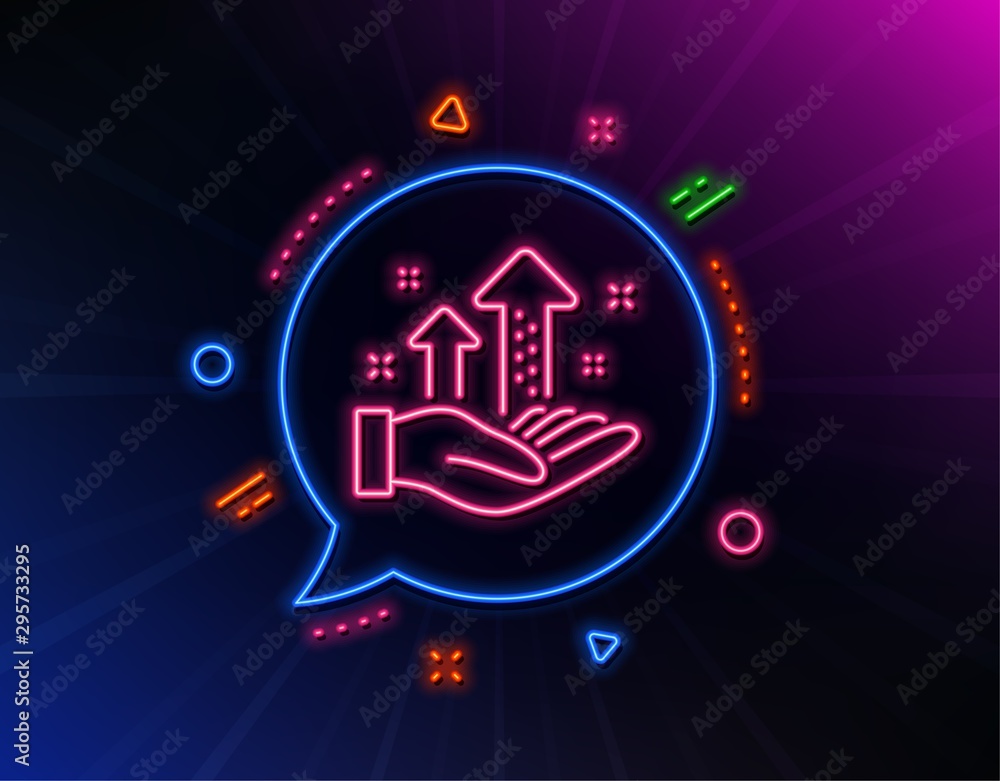 Fototapeta premium Analysis graph line icon. Neon laser lights. Results chart sign. Traffic management symbol. Glow laser speech bubble. Neon lights chat bubble. Banner badge with analysis graph icon. Vector