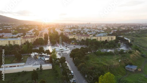 City Drone Hyperlapse buildings in Georgian Rustavi city. Old soviet block of flats concrete building living houses 50fps