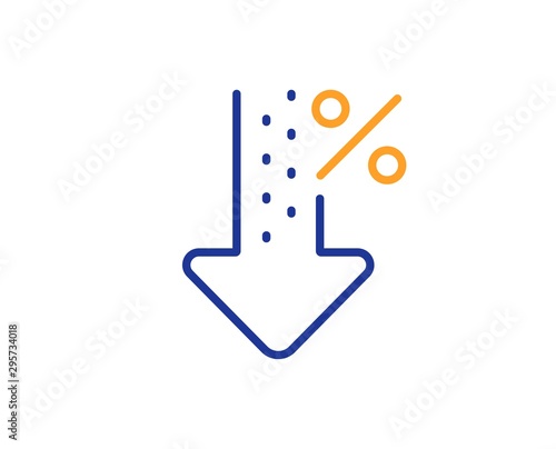 Discount sign. Low percent line icon. Credit percentage decrease symbol. Colorful outline concept. Blue and orange thin line low percent icon. Vector