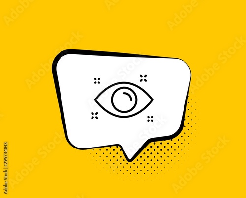 Health eye line icon. Comic speech bubble. Oculist clinic sign. Optometry vision symbol. Yellow background with chat bubble. Health eye icon. Colorful banner. Vector