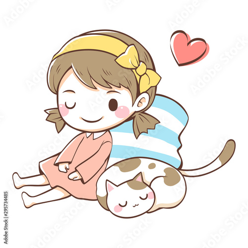A cat sleeping next to a girl on white background, Cute character cartoon Vector illustration,  Suitable for sticker, Children's books and card.