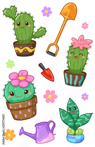 Cute lovely character cartoon kawaii cactus and succulent plants on white background - Vector illustration