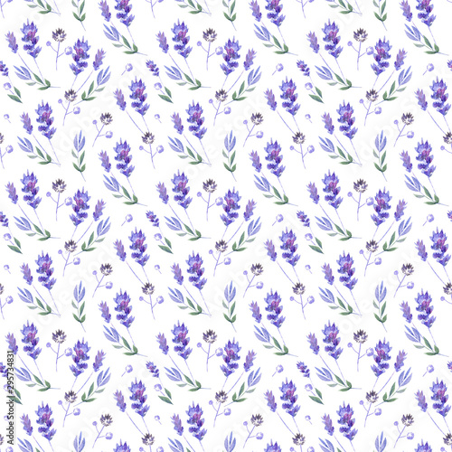 Watercolor seamless floral background with lavender flowers and leaves of field plants.