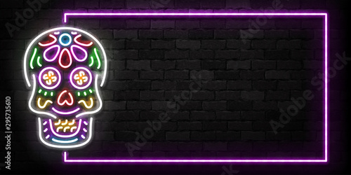 Vector realistic isolated neon sign of Skull frame logo for template decoration and covering on the wall background. Concept of Dia De Los Muertos, Day of the Dead, Happy Halloween in Mexico.