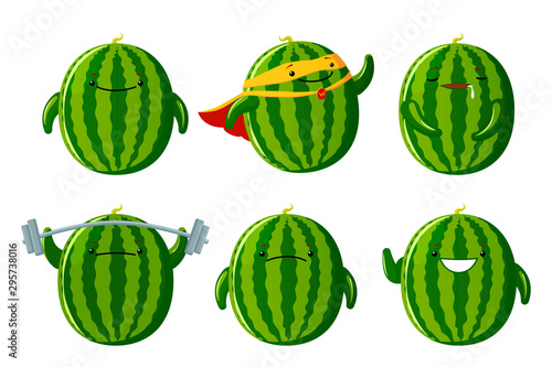 Set cute Watermelon characters. Kawaii fruit vector characters isolated on white background