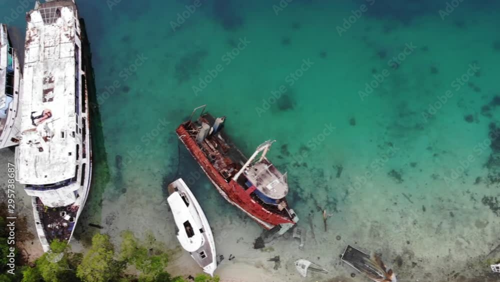 aerial view of ship wrecks due to hurricane devastation and destruction ...