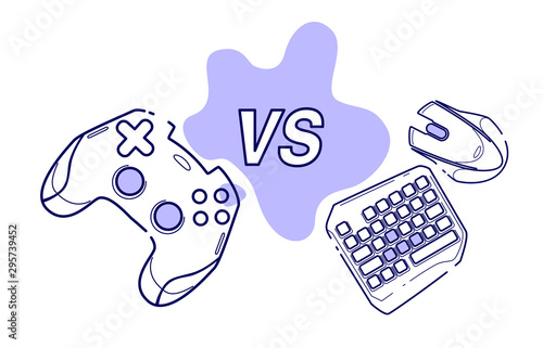 Consoles vs pc, game concept competitive. Line concept art with izolated back