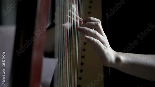Close up of musician fingers on strings, harpist playing classical melody. Female playing the harp. Stringed musical instrument and young women touching strings. Traditional musical instrument. 