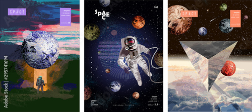 Valokuva Vector illustration of space, cosmonaut and galaxy for poster, banner or background