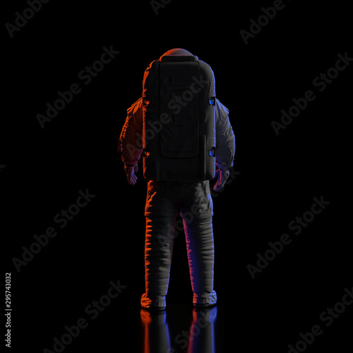 standing astronaut on shiny stage looking into empty space