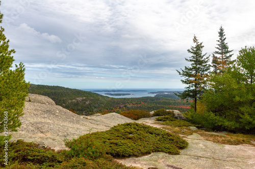 Pine trees frame the view of Mount Desert Island from the Beech Mountain trail