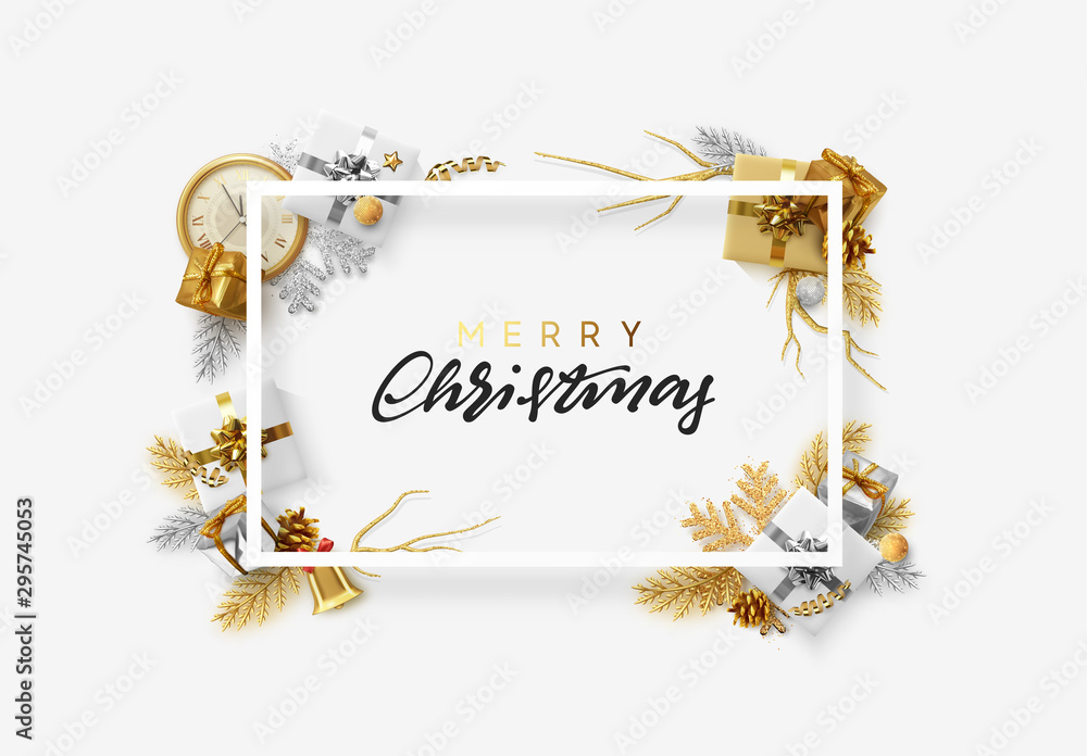 Fototapeta premium Christmas bright background with golden decorations. Xmas greeting card. Happy New Year. Festive objects in the form of border gold gifts, bauble balls, shiny snowflake, old watches and tinsel