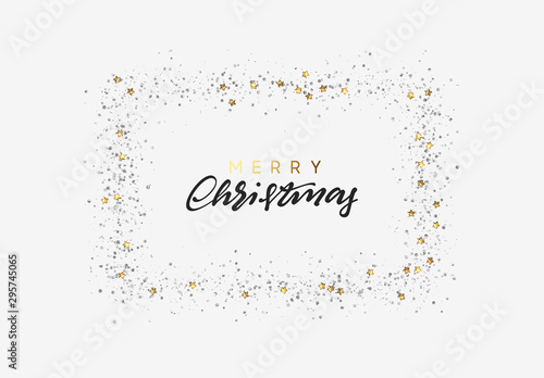 Merry Christmas and Happy New Year strewn with bright sparkles confetti, handwritten calligraphy text. Xmas holiday frame