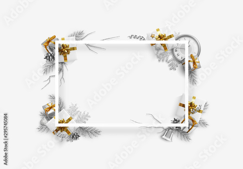 Christmas bright background with silver decorations. Xmas greeting card. Happy New Year. Festive objects in the form of border white gifts, bauble balls, shiny snowflake, old watches and tinsel