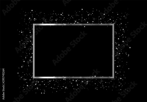 Celebrate Silver frame with glowing lights and sparkle bokeh effects, isolated on background. Shining white glitter rectangle. Luxury premium design template.