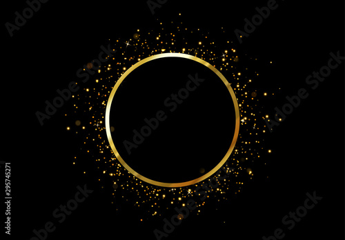 Gold round frame. Glowing lights and sparkle bokeh effects, isolated background. Shining golden confetti. Luxury premium design template photo