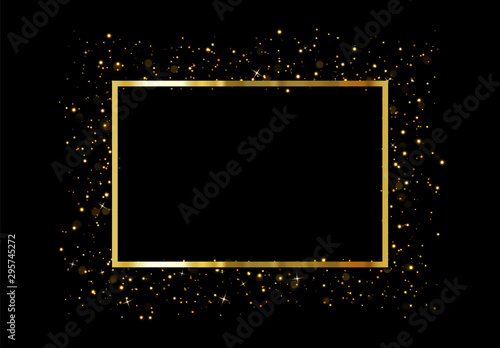 Gold frame with glowing lights and sparkle bokeh effects, isolated on background. Shining golden rectangle. Luxury premium design template.
