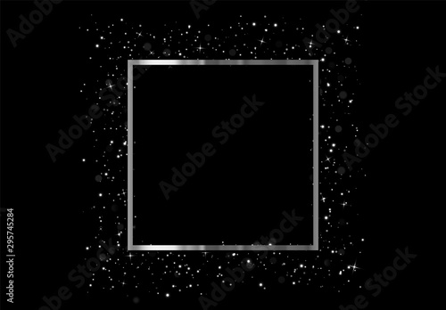 Celebrate Silver frame with glowing lights and sparkle bokeh effects, isolated on background. Shining white glitter square confetti. Luxury premium design template.