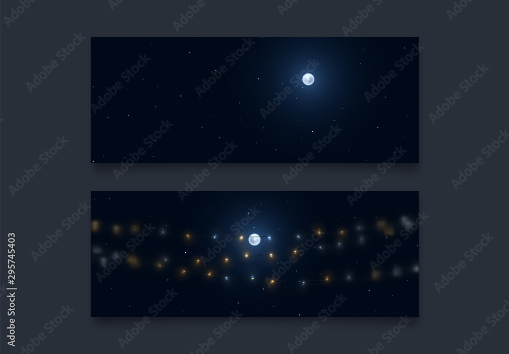 Fototapeta premium Night background with a bright realistic full moon. Blue starry night sky with festive garlands