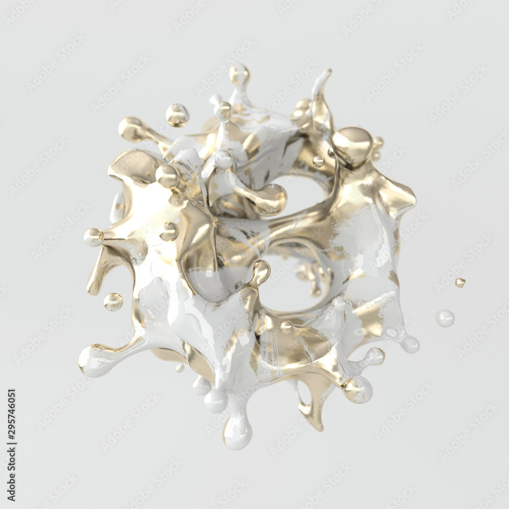 A splash of white and golden paint, colorful liquid 3d rendering. Abstract waves and drops
