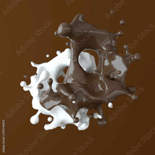 Dark chocolate sauce and milk flow with drops 3d render. Dessert liquid splashes