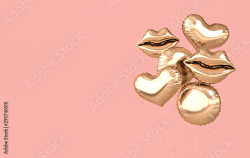 Golden foil balloons isolated on pink background. 3d render element for birthday party, Valentine`s day, presentation. Heart, sphere  and lips shape