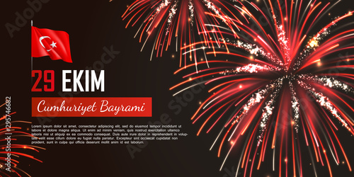 Happy turkish national day web banner. Realistic fireworks and fluttering flag. 29 ekim Cumhuriyet Bayrami. Translation: 29 october, republic day of Turkey. National identity vector illustration.