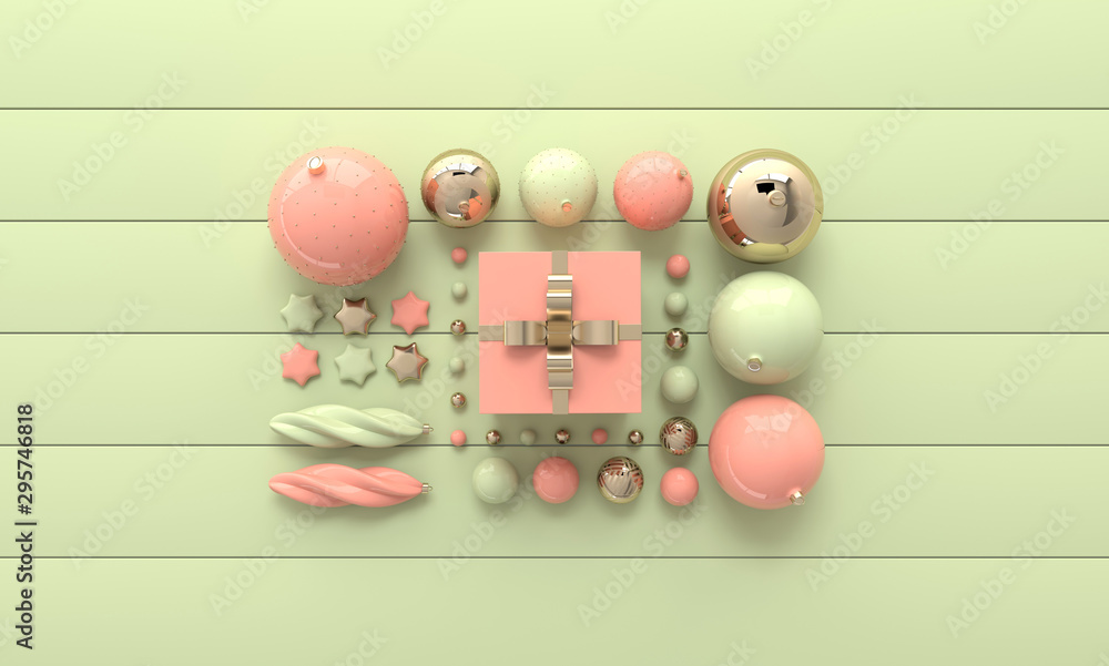 Merry Christmas and Happy New Year 3d render illustration card with pastel colored xmas balls, stars, christmas tree, gift box. Winter decoration, xmas minimal design. Flat lay, top view