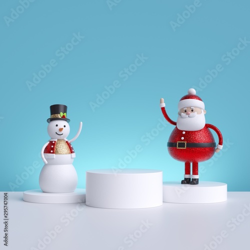 3d Christmas characters: Santa Claus and snowman, isolated on blue background. Funny toys standing on showcase stand. Commercial template with copy space. photo