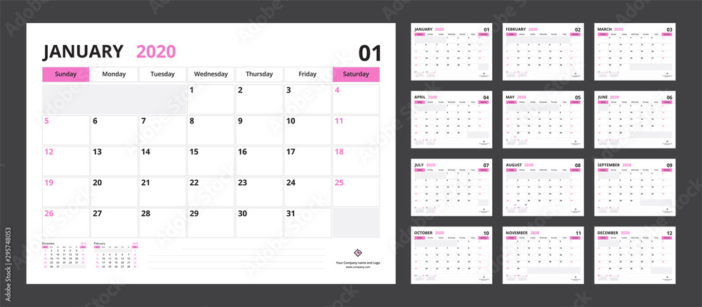 2019 Calendar Planner Set Week Start Sunday Corporate Design Template Vector 2