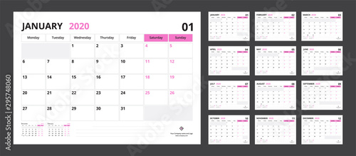 2020 calendar planner set for template corporate design week start on Monday.
