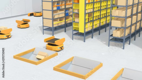 Autonomous Mobile Robots in logistics center. Warehouse automation concept. 3D rendering animation. photo