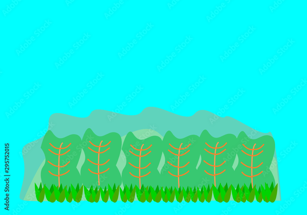 Fototapeta premium big green leaves and green grass on blue background
