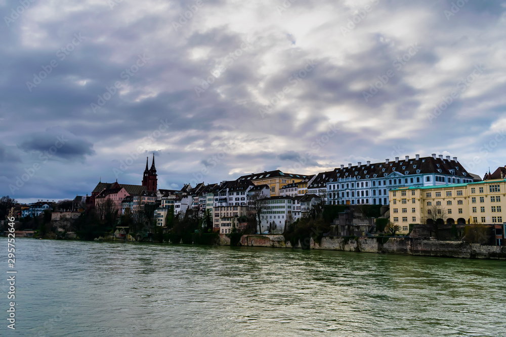 A river and a cathedral in Basel, Switzerland