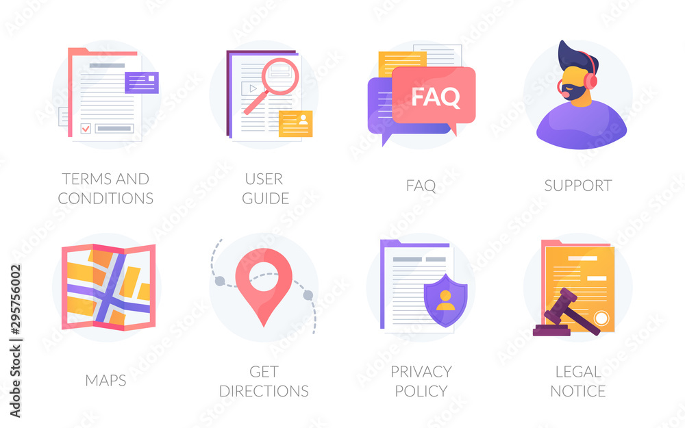 User web experience icons set. Website application menu assets bar. Terms and conditions, privacy policy, legal notice. Guides, FAQ, support, maps, get directions vector isolated design interface pack