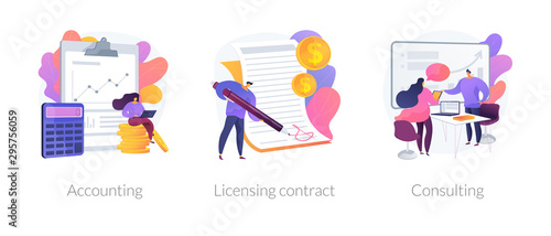Financial audit and literacy. Financier, banker advising, bookkeeping. Agreement signing. Accounting, licensing contract, consulting metaphors. Vector isolated concept metaphor illustrations