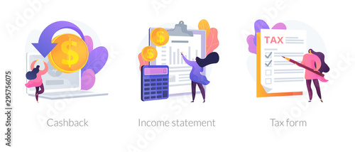 Accounting and bookkeeping cartoon web icons set. Money online refund. Financial consulting. Cashback, income statement, tax form metaphors. Vector isolated concept metaphor illustrations