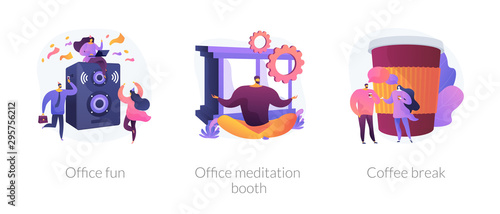 Stress relief web icons cartoon set. Employees characters at corporate party. Office fun, office meditation booth, coffee break metaphors. Vector isolated concept metaphor illustrations