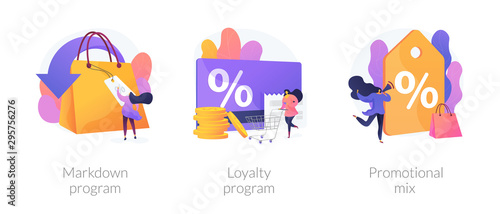 Shopping marketing campaign icons cartoon set. Store special offers advertisement. Markdown program, loyalty program, promotional mix metaphors. Vector isolated concept metaphor illustrations