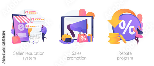 E commerce icons cartoon set. Online store discounts. Internet shopping. Seller reputation system, sales promotion, rebate program metaphors. Vector isolated concept metaphor illustrations