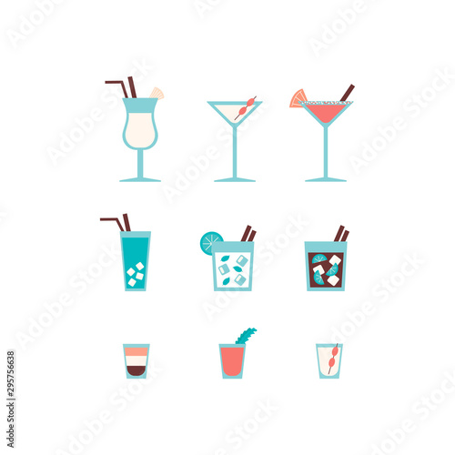 Alcohol drinks and cocktails icon set in flat design style. Vector illustration. 