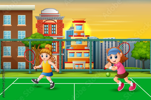 Featuring girls playing tennis at the court